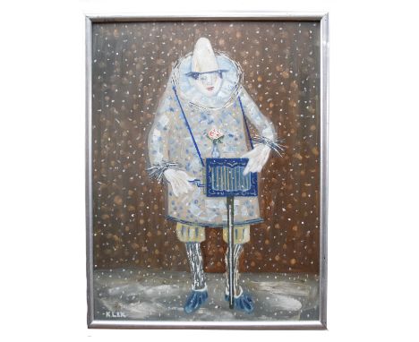 Karel Lek, British 20th Century, ‘Automaton Clown’. Oil on board, signed , 26x20