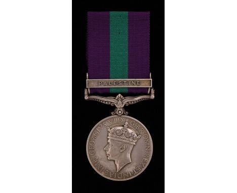 General Service medal 1918-1962, with clasp 'Palestine' (6009743 PTE. A.T. MATHEWS. ESSEX. R. )