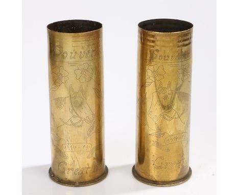 Pair of First World War Trench Art shell cases, both German 77mm dated 1910 and 1916, engraved with a horse and floral design