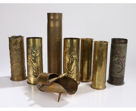 Collection of First World War Trench Art items mainly German 77 mm and other shell casings etched/embossed with floral design