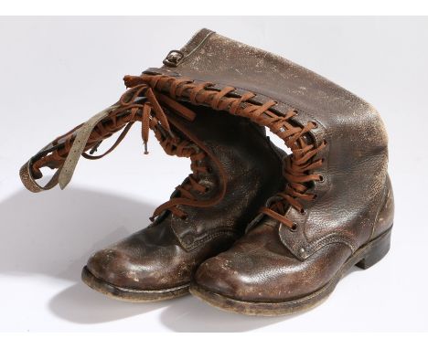 First World War British high leg boots believed for mounted troops, lace up with securing strap at top, nailed leather sole, 