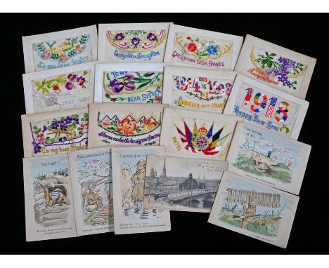 Collection of First World War embroidered silk and comic postcards, (qty)