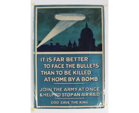 First World War recruiting poster in the form of a Zeppelin over London caught in a searchlight beam above the legend 'It is 