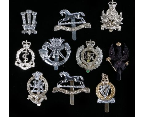 Quantity of British Army cap badges in anodised aluminium including, The Queens Regiment, The Queens Royal Irish Hussars, The