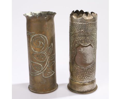 Two First World War Trench Art shell cases, both German 77mm with the top edge scalloped, one has an apple tree design with a