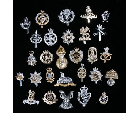 Collection of British army cap badges in anodised aluminium including The Duke of Cornwalls Light Infantry, The Forester Brig