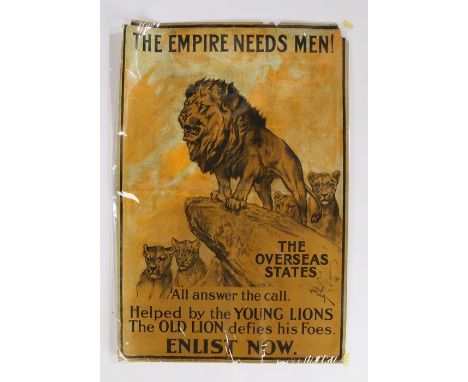 First World War British recruiting poster in the form of a Lion leaning forward on a rock amidst his pride, with the legend, 