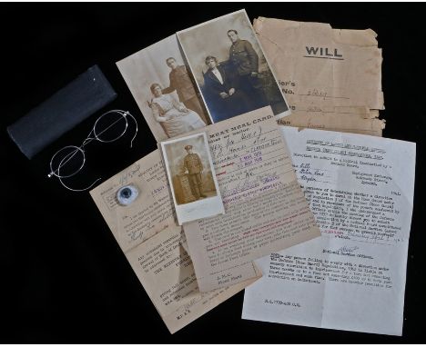 First World War Prosthetic Eye, Documentation and photographs to Private James Hills, the three photographs show Private Hill