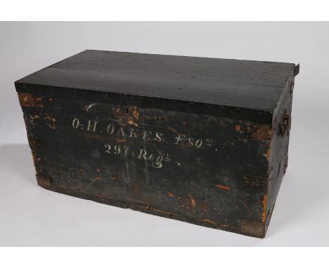 19th century British Army Officers Steamer Trunk, iron bound black painted wooden construction with handles to either end, ma