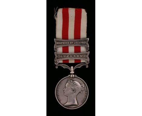Indian Mutiny Medal with clasps ' Defence of Lucknow ' and ' Lucknow' ( D. GREIG . 90TH LT. INFY. ) name contemporarily re st