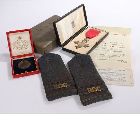 M.B.E. (Civil) to Observer Commander John R. Nixon with note of congratulations on Buckingham Palace headed paper, in fitted 