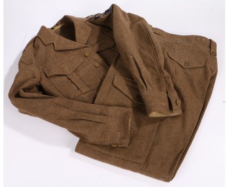 1949 Pattern British Battledress Blouse and Trousers, embroidered rank stars for a 2nd Lieutenant to shoulder straps, shoulde
