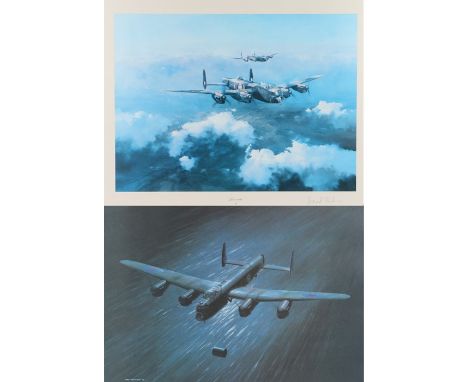 Framed first edition print of two Lancaster bomber's by Robert Taylor,  signed by Group Captain Leonard Cheshire V.C. , toget