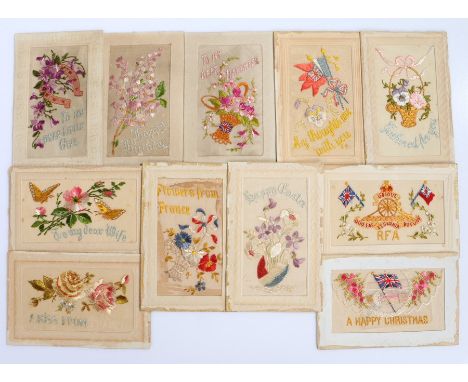 Collection of First World War British embroidered silk postcards, all with patriotic or sentimental designs, one bearing the 