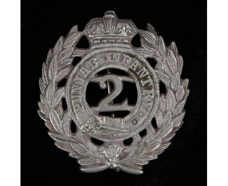 Scarce Officers cap badge to the 2nd Punjab Regiment, Queen Victoria Crown, locally made in white metal with two loops to the