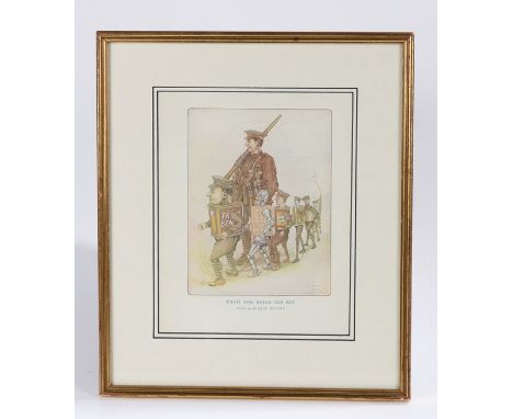 Framed First World War print from a magazine,entitled 'Each One Doing His Bit' showing a soldier flanked by a line of represe