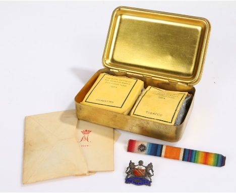 First World War Princess Mary gift tin with original contents of cigarettes, tobacco,1914 Chritmas card and photo of Princess