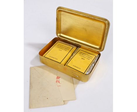 First World War Christmas 1914 Princess Mary gift tin with contents, unopened tobacco, cigarette packet open one end, 20 ciga