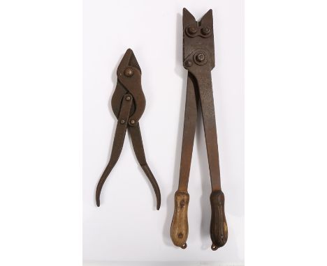 First World War British Wire Cutters, one large unmarked , the other a folding example marked 'E.T.F. Ltd' and dated 1918, (2