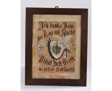 First World War framed German patriotic embroidery, the centrepiece has a moulding in the form of an Imperial Air Gunners Bad