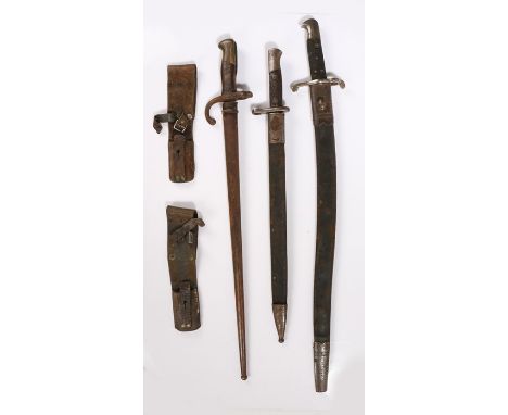 Three bayonets, including a British 1860 Yataghan Sword Bayonet, War Department and inspection stamps to ricasso, one leather