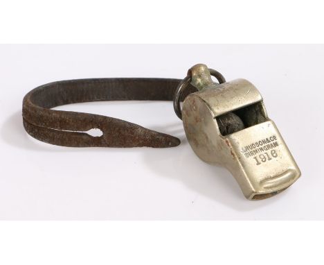 First World War Trench Whistle by J Hudson &amp; Co Birmingham, dated 1916, with original leather strap