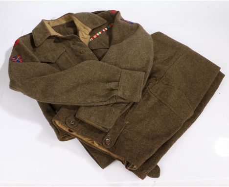 Second World War Canadian made Battledress Blouse and Trousers, embroidered rank stars for a Lieutenant on shoulder straps, R