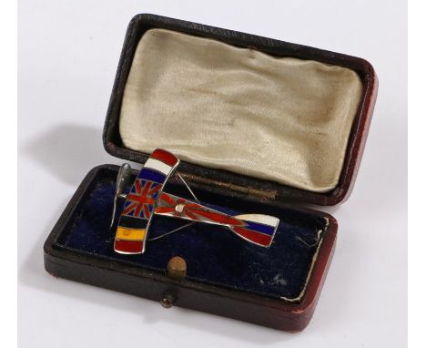 First World War silver and enamel Monoplane patriotic badge depicting the Allies Flags of , Britain, Russia, Japan, Belgium a