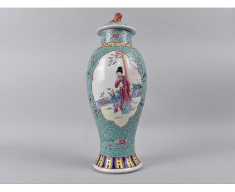 A Chinese Porcelain Enamel Baluster Vase and Cover Decorated with Cartouche Scene depicting Child and Mother of Teal Scrolled