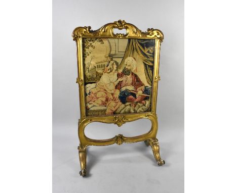 A 19th Century Gilt Framed Rococo Style Fire Screen with Ornate Gesso Scroll and Leaf Decoration, Tapestry Depicting Ally Pas