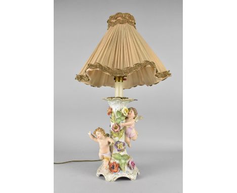 A Continental Porcelain Lamp Base, Cherubs, Condition Issues 