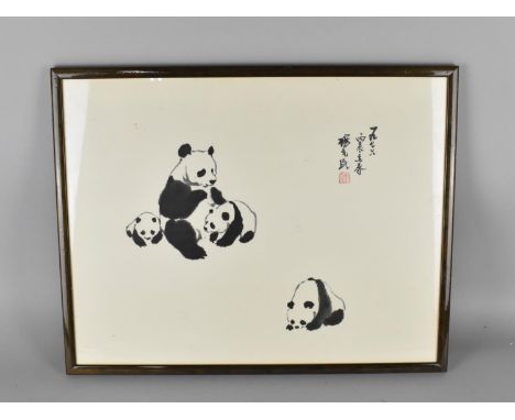 A Framed Chinese Print, Pandas, Frame 52x41cms 