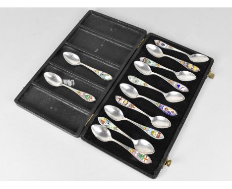A Box Containing Twelve Silver and Enamel Teaspoons having Canadian Town and City Crests, Monogrammed KE and Stamped Sterling