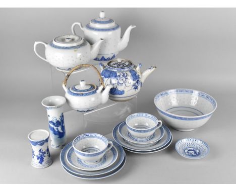 A Collection of Various Chinese Blue and White Porcelain to comprise Speckled Rice Part Service to include Teapots, Saucers, 