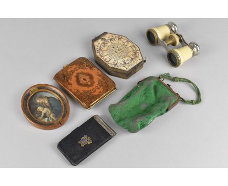 A Collection of Various Curios to comprise Miniature Print of Mary and Jesus, Opera Glasses, Tooled Leather Wallet Etc 