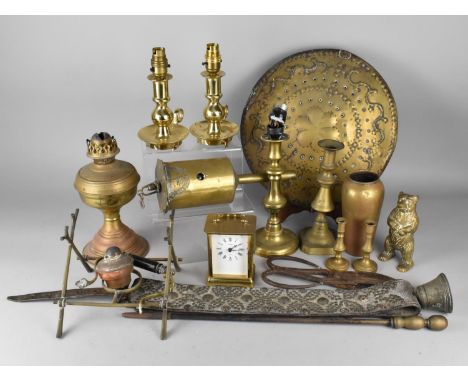 A Collection of Various Brasswares to comprise Candlesticks, Lamp Bases, Clockwork Meat Jack, Bear Ornament Etc 