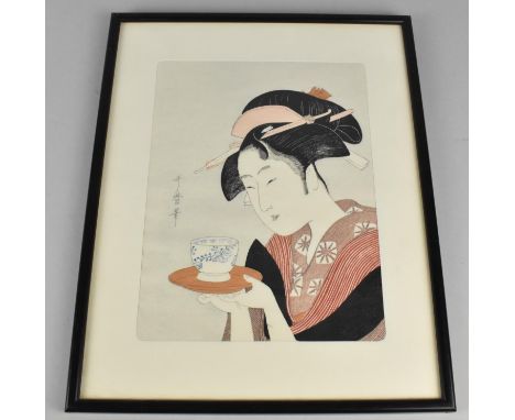A Framed Kitagawa Woodblock Print, 17x23cms 