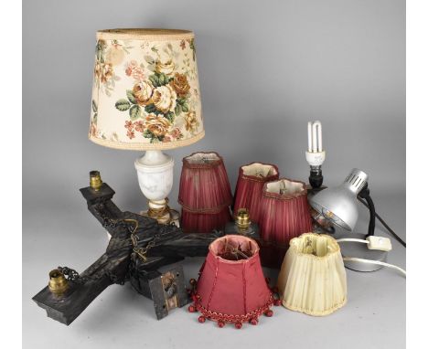 A Collection of Various Lamp Shades, Marble Lamp Base and shade, Oak Light Fitting Etc 