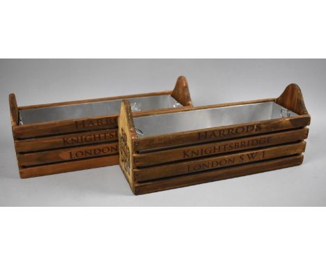 A Pair of Metal Lined Wooden Planter Inscribed Harrods, Knightsbridge, London SW1, Each 35cms Long 