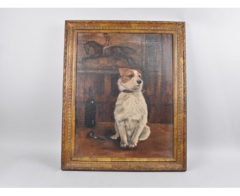 An Early 20th Century Oil on Canvas Depicting Gentleman's Jack Russell in Interior Setting Beside Pipe and Bottle of Port, Jo