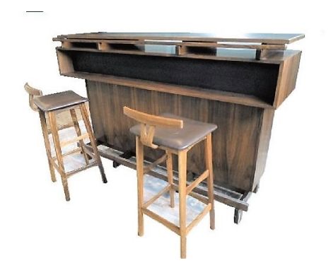 A 1970's Danish Drylund bar unit, together with a pair of conforming bar stools, the bar fitted with three drawers, ice bucke