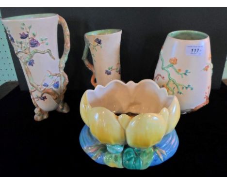 Three Clarice Cliff Newport Pottery vases in the My Garden pattern, (the tallest 26cm), (one AF), together with a Clarice Cli