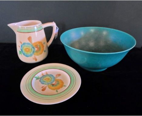 A Clarice Cliff Newport Pottery Crocus pattern jug and side plate, together with a green glazed Royal Lancastrian bowl, impre