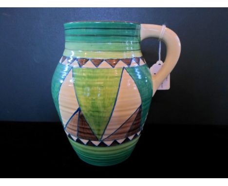 A Clarice Cliff single handled vase in the green Killarney pattern, repeating geometric shapes within green bands, printed Bi