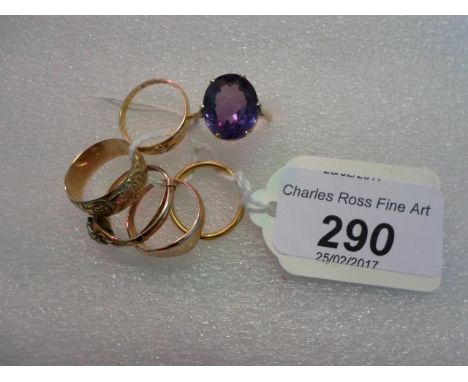 A Victorian diamond and split pearl cluster ring, together with an 18 carat single stone gypsy set ring and four further ring