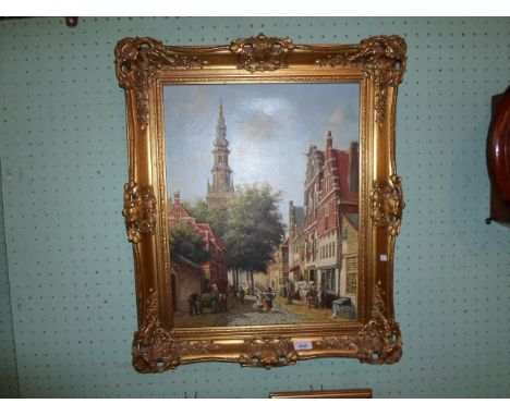 R. C. Steen Houkler?  Early 20th century Continental school, a busy street scene with church to the background, oil on canvas