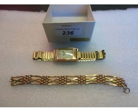 A 9 carat gold cased Record gentleman's Art Deco-style wristwatch to a yellow metal bracelet, together with a 9 carat yellow 