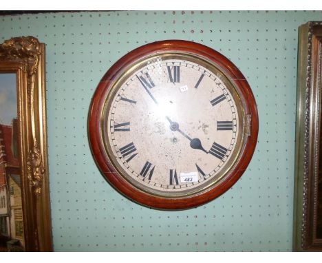 A mahogany cased and brass mounted circular school clock, the enamel dial bearing Roman numerals, (37cm diameter).