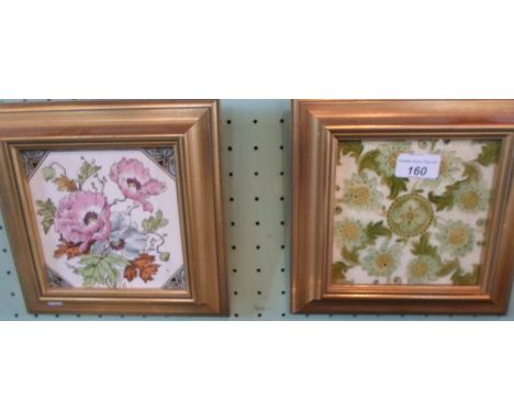 A tube lined Victorian-style tile in the Art Nouveau manner, together with another Victorian-style tile, each in a gilt squar