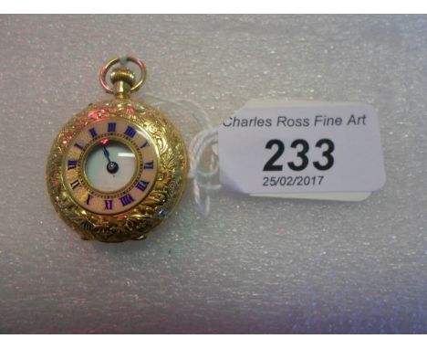 An 18 carat gold cased Continental lady's half hunter fob watch, chased decoration to the reverse, the chapter ring bearing b